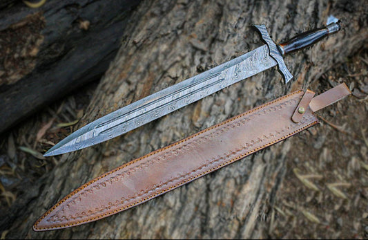 Custom Handmade Damascus Steel Fantasy Longsword with Leather Sheath Unique Blades Runner