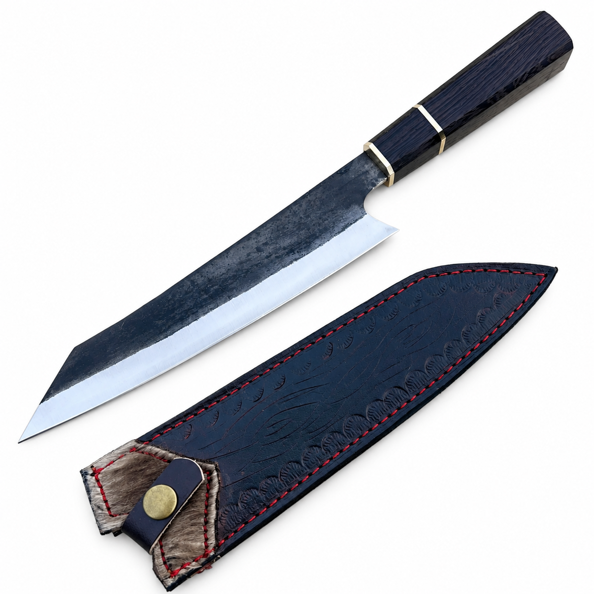 Kiritsuke knife on black tooled leather sheath with red stitching and hair-on accent