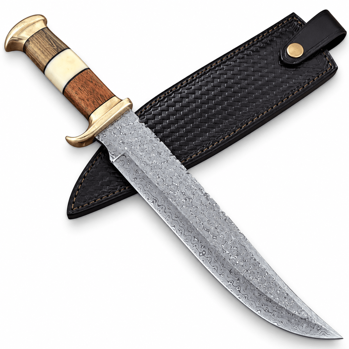 Large Bowie knife with 12 inch Damascus blade, brass guard and pommel

