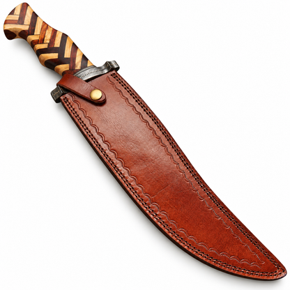 Large Bowie knife with chevron wood handle, 18 inches overall

