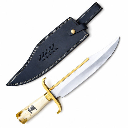 Large Expendables Bowie replica showing long clip-point blade and natural bone grip