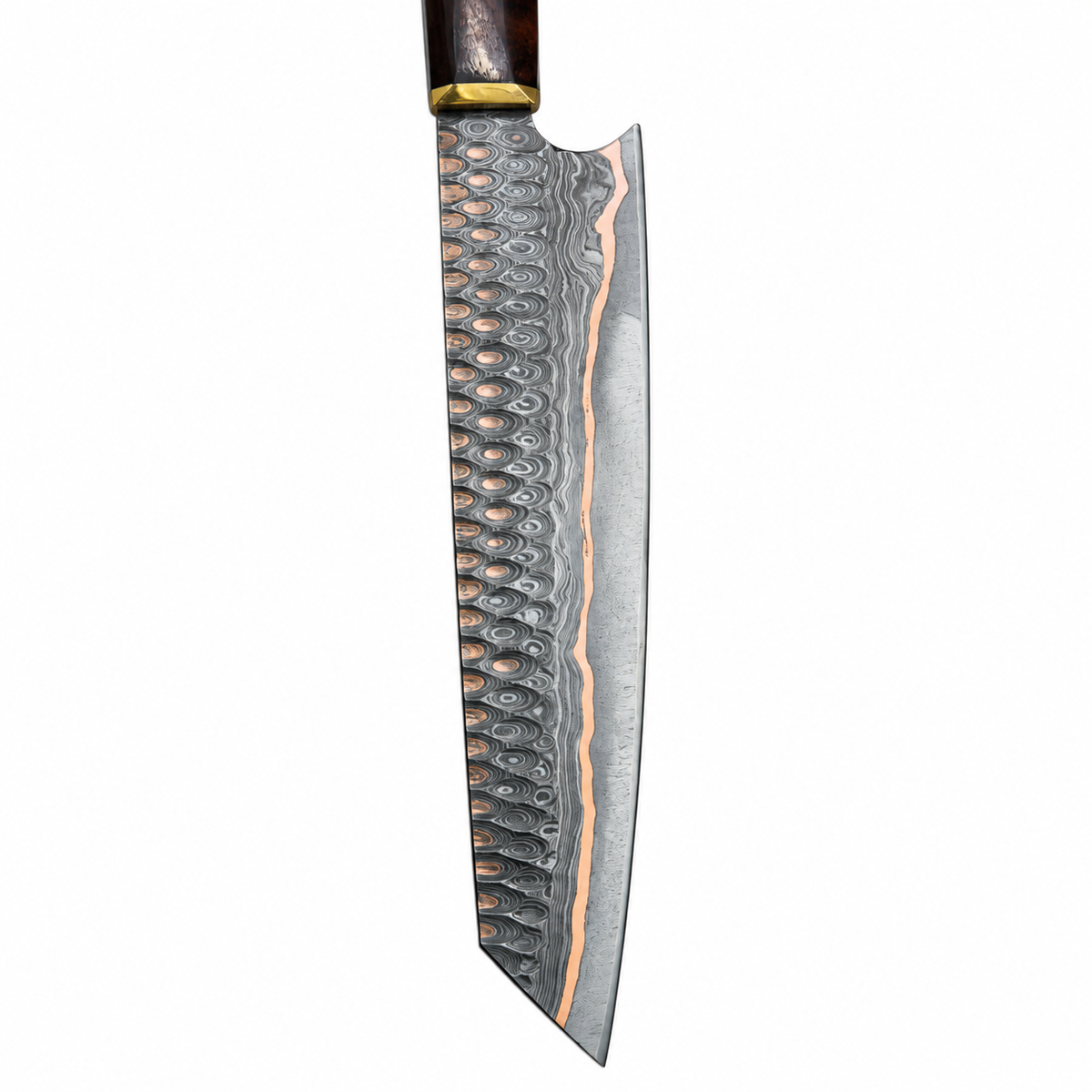 Octagonal dark wood handle with brass-tone ferrule on 12-inch kitchen knife
