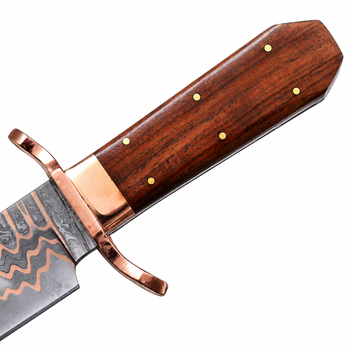 Pinned wood handle with copper spacer on 18-inch Bowie knife
