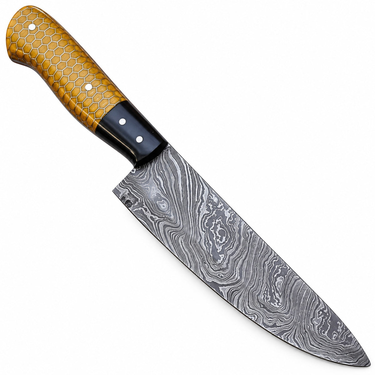 Pointed Damascus blade with grain-like pattern on 12-inch kitchen knife
