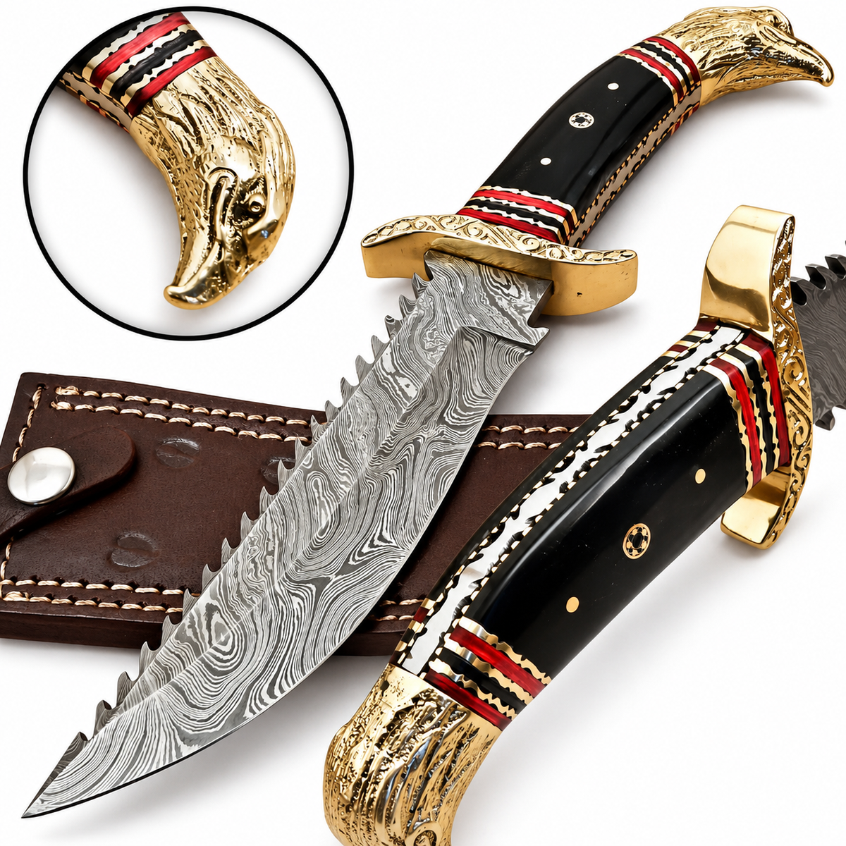 Premium handcrafted Damascus Bowie knife with brass eagle head pommel
