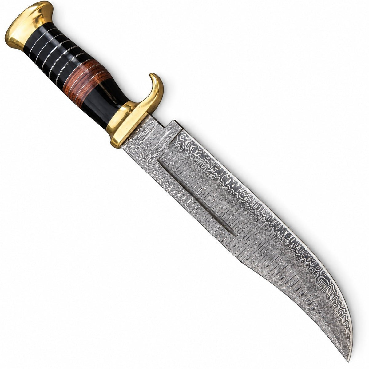 Red-brown leather sheath with cream stitching, scalloped tooling and snap strap