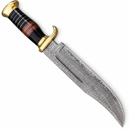 Red-brown leather sheath with cream stitching, scalloped tooling and snap strap