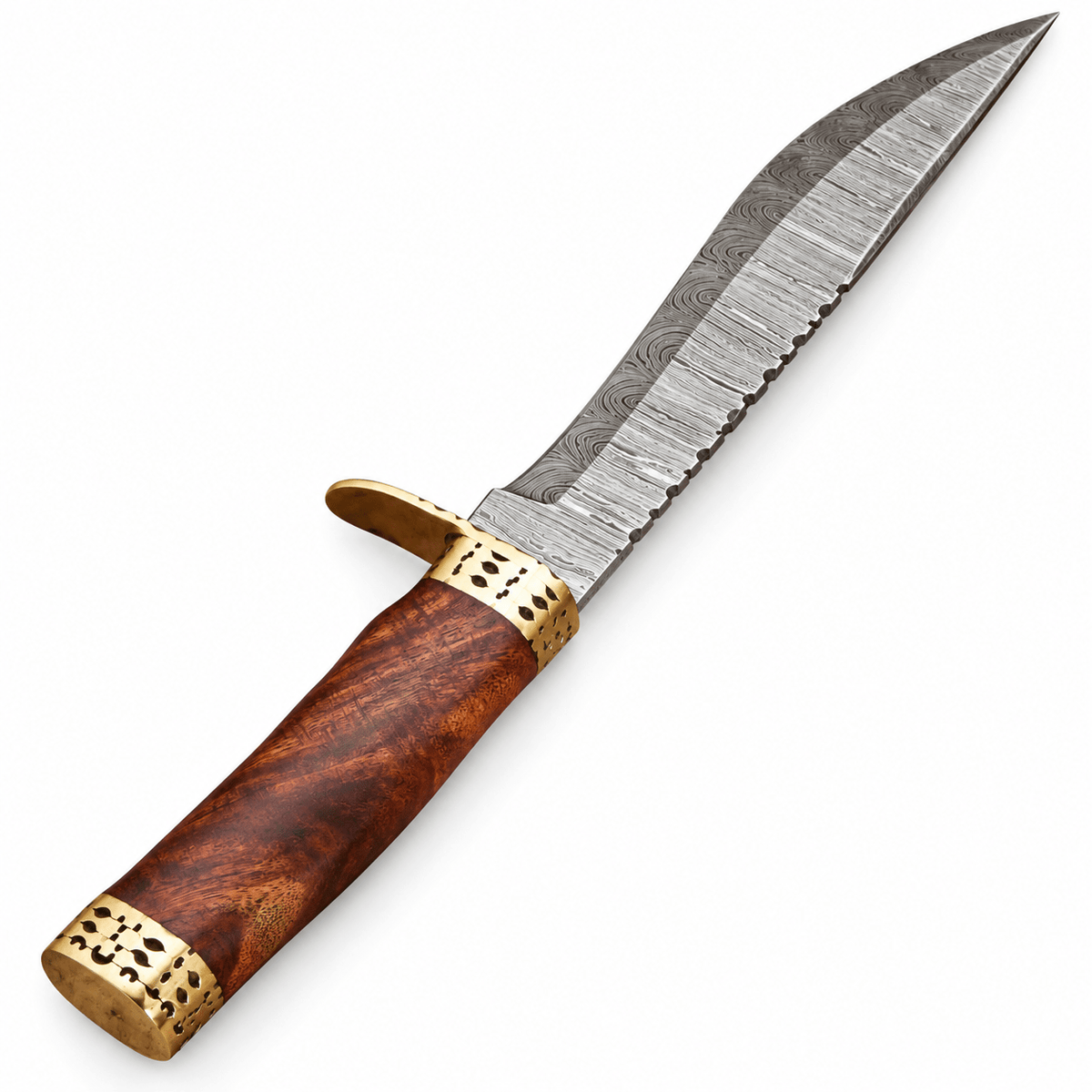 Red-brown leather sheath with embossed scale pattern, cream stitching and snap strap