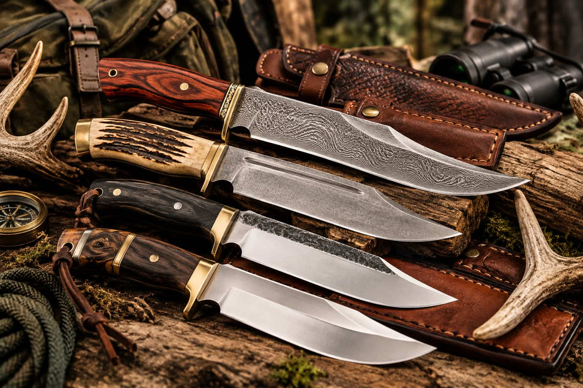 Four fixed-blade hunting knives with different handle materials and blade finishes are arranged on a log with leather sheaths, antlers, ropes, and outdoor gear in a forest setting.