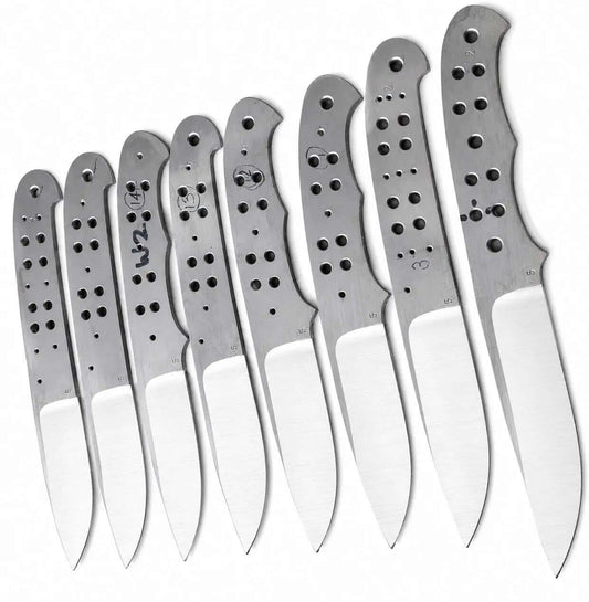 Set of 12 inch D2 knife blanks with satin bevels and drilled tangs