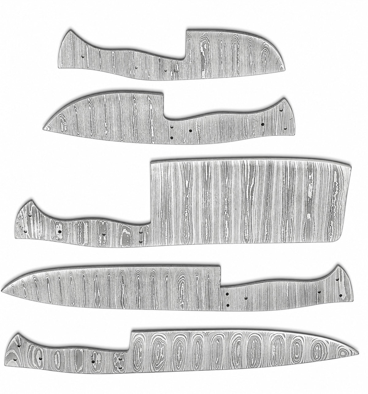 Set of Damascus knife blanks with drilled handle holes for knife making