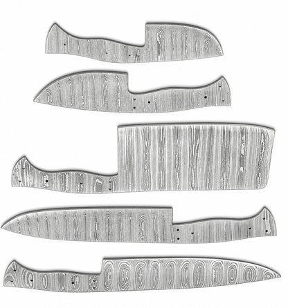 Set of Damascus knife blanks with drilled handle holes for knife making
