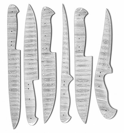 Set of six full tang Damascus knife blanks with pin holes