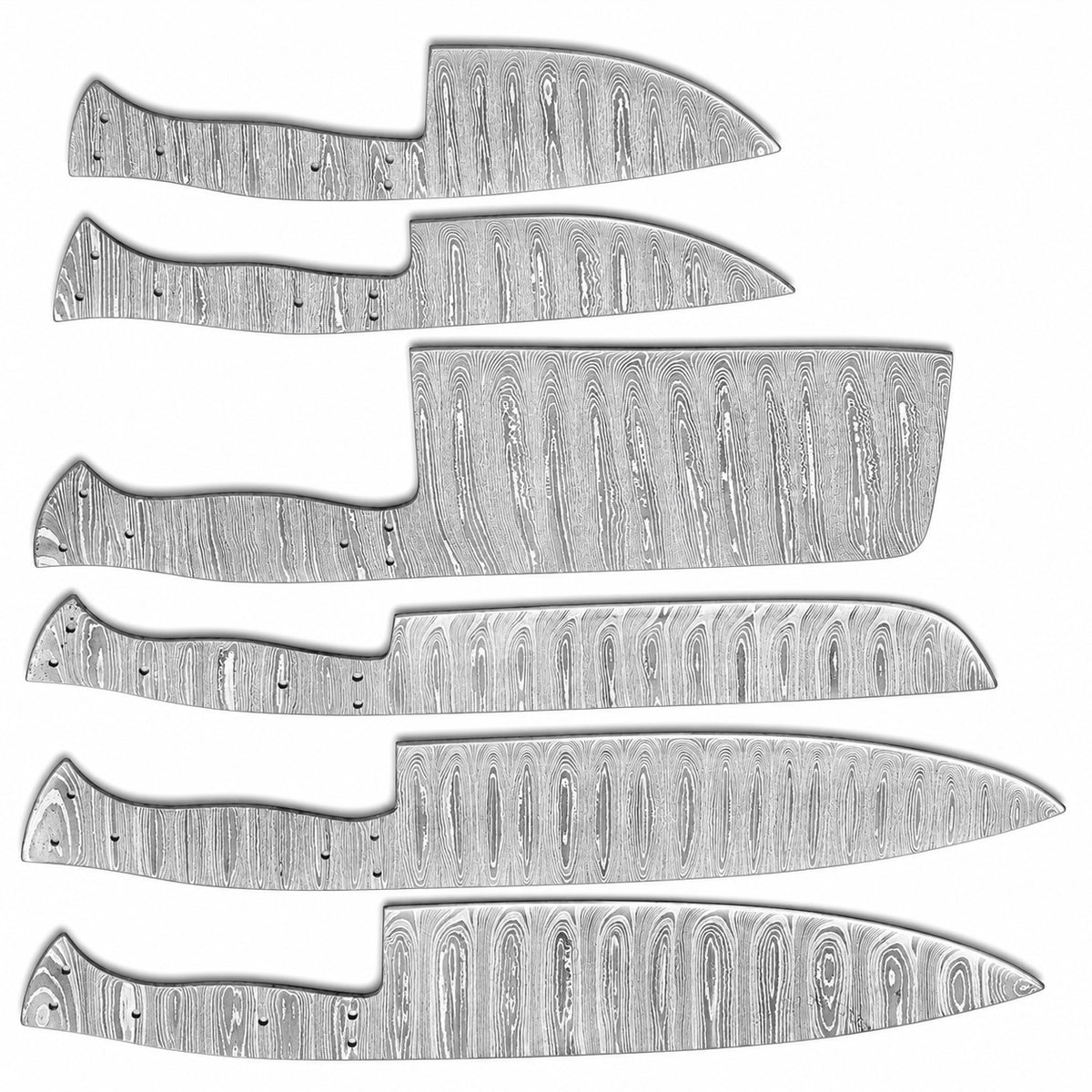 Set of six heat treated Damascus chef knife blanks for knife making