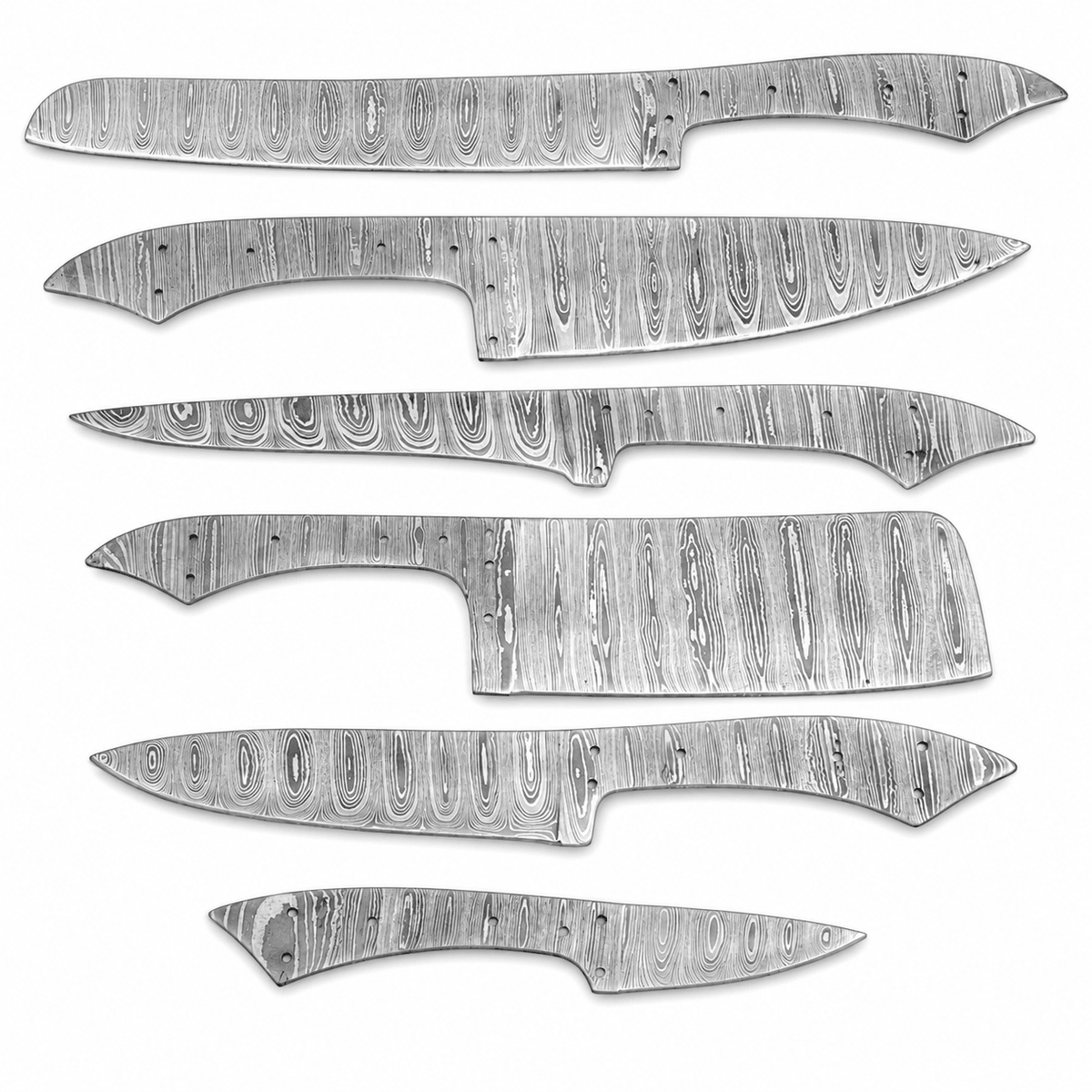 Six Damascus steel knife blanks in chef, fillet, cleaver and paring shapes