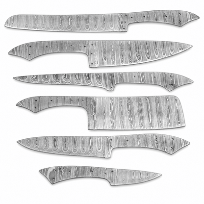 Six Damascus steel knife blanks in chef, fillet, cleaver and paring shapes