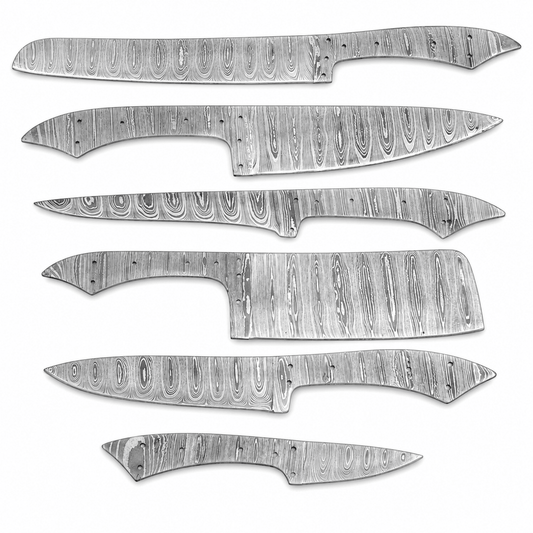 Six Damascus steel knife blanks in chef, fillet, cleaver and paring shapes