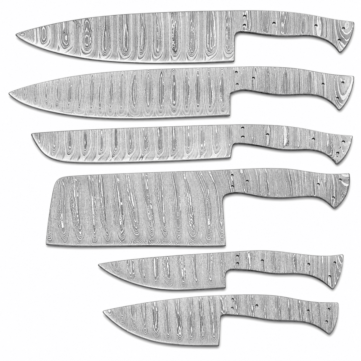 Six Damascus steel knife blanks including chef knives, a slicer and a cleaver