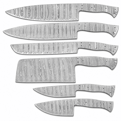 Six Damascus steel knife blanks including chef knives, a slicer and a cleaver