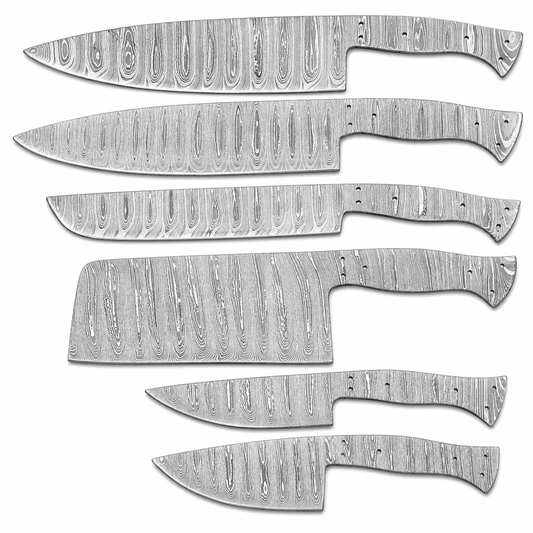 Six Damascus steel knife blanks including chef knives, a slicer and a cleaver