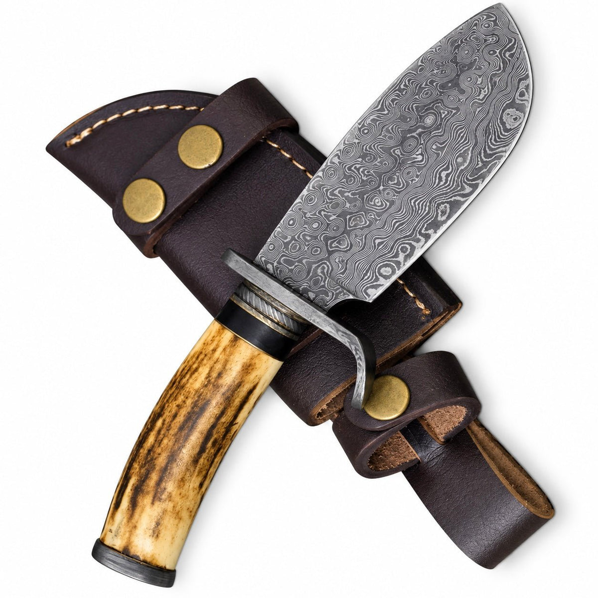 Small hunting knife with natural antler grip and Damascus finger guard
