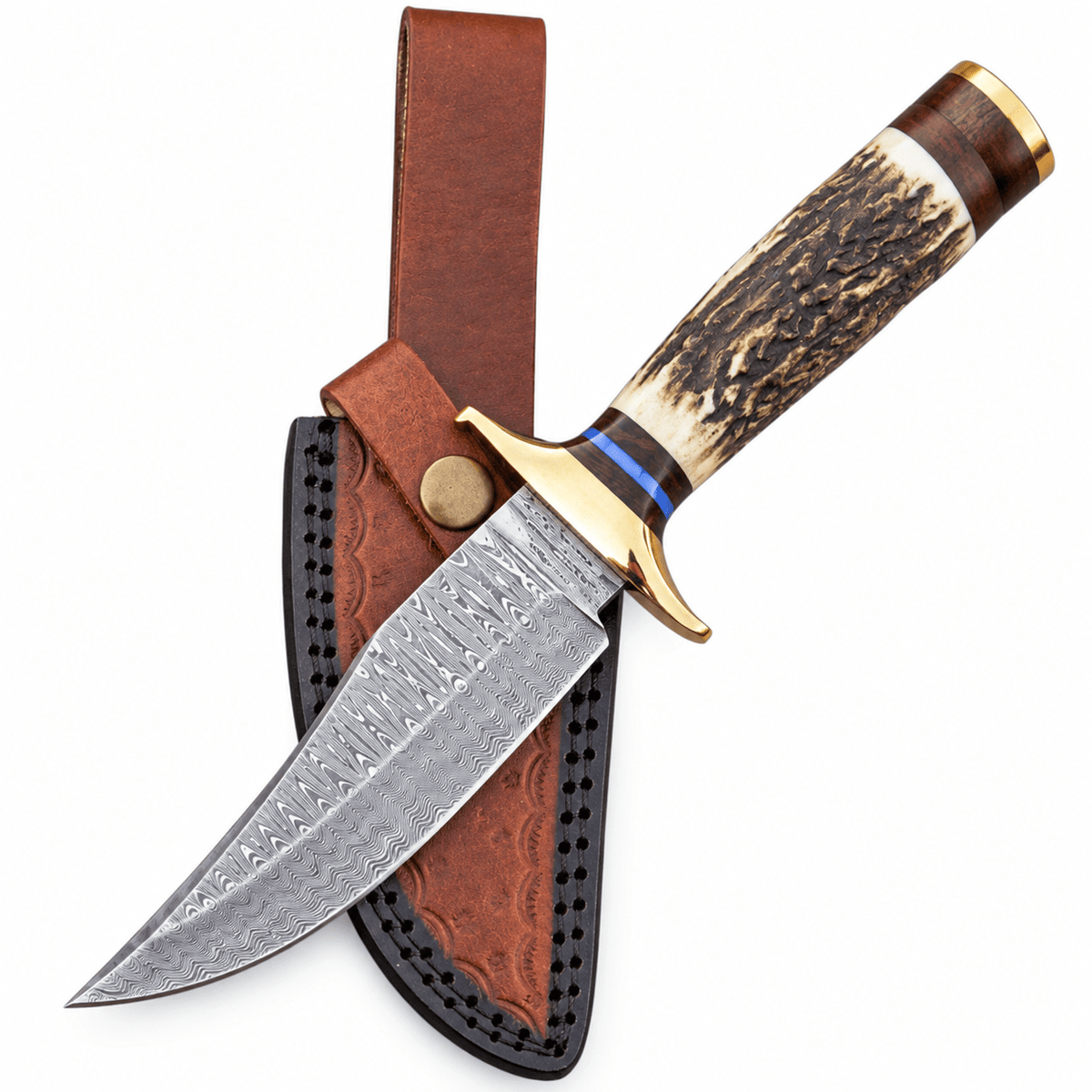 Stag handle knife with Damascus steel blade, brass guard and leather sheath

