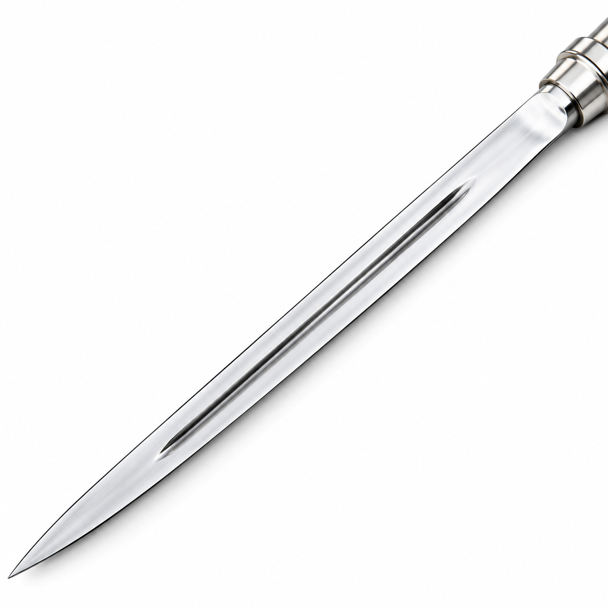 Stainless steel angel blade replica shown with its black leather sheath