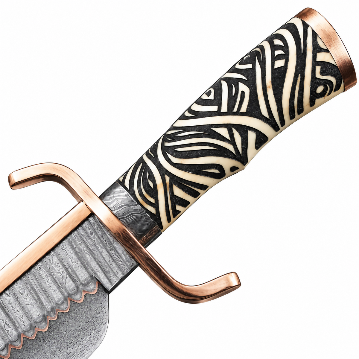 Swirl resin handle with copper-tone end cap on 18-inch Damascus Bowie
