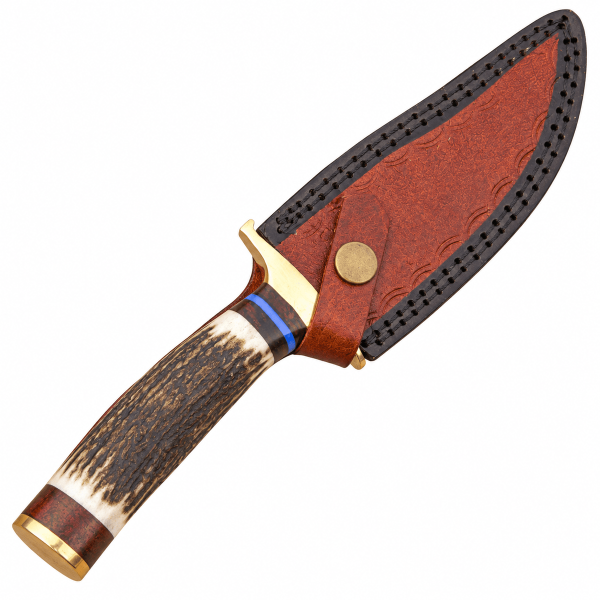 Tan embossed leather sheath with snap strap and belt loop beside a stag handle knife