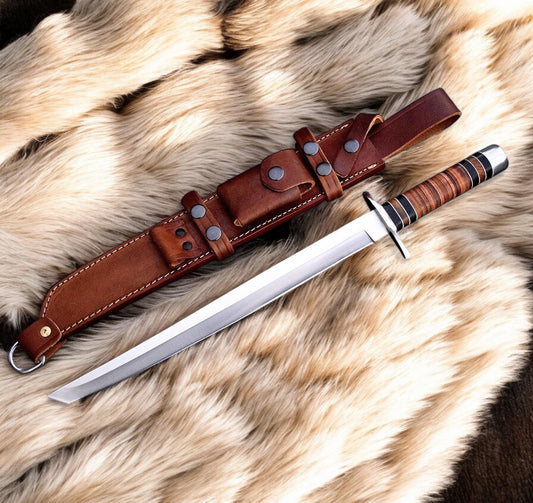 Tanto Sword - Stainless Steel Blade With Stacked Leather Handle