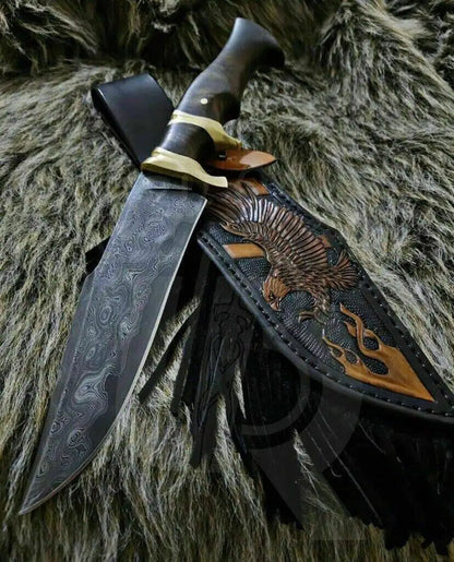 UBR Handmade Damascus Steel Bowie Knife with Eagle Leather Sheath – Best Gift