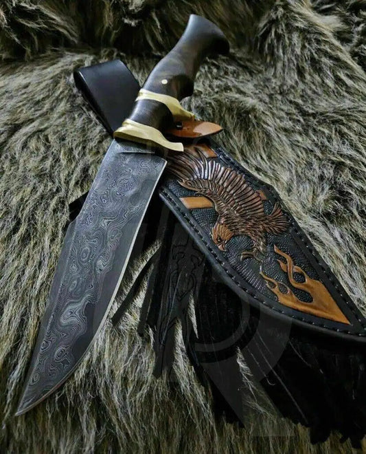 UBR Handmade Damascus Steel Bowie Knife with Eagle Leather Sheath – Best Gift