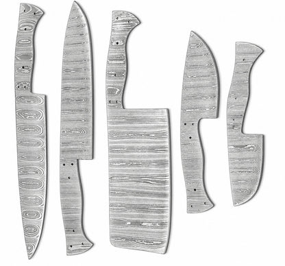 Wide Damascus steel cleaver blank with full tang and pin holes