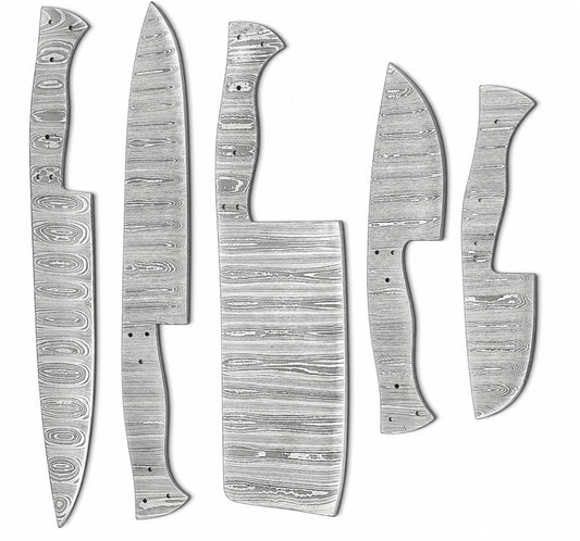 Wide Damascus steel cleaver blank with full tang and pin holes