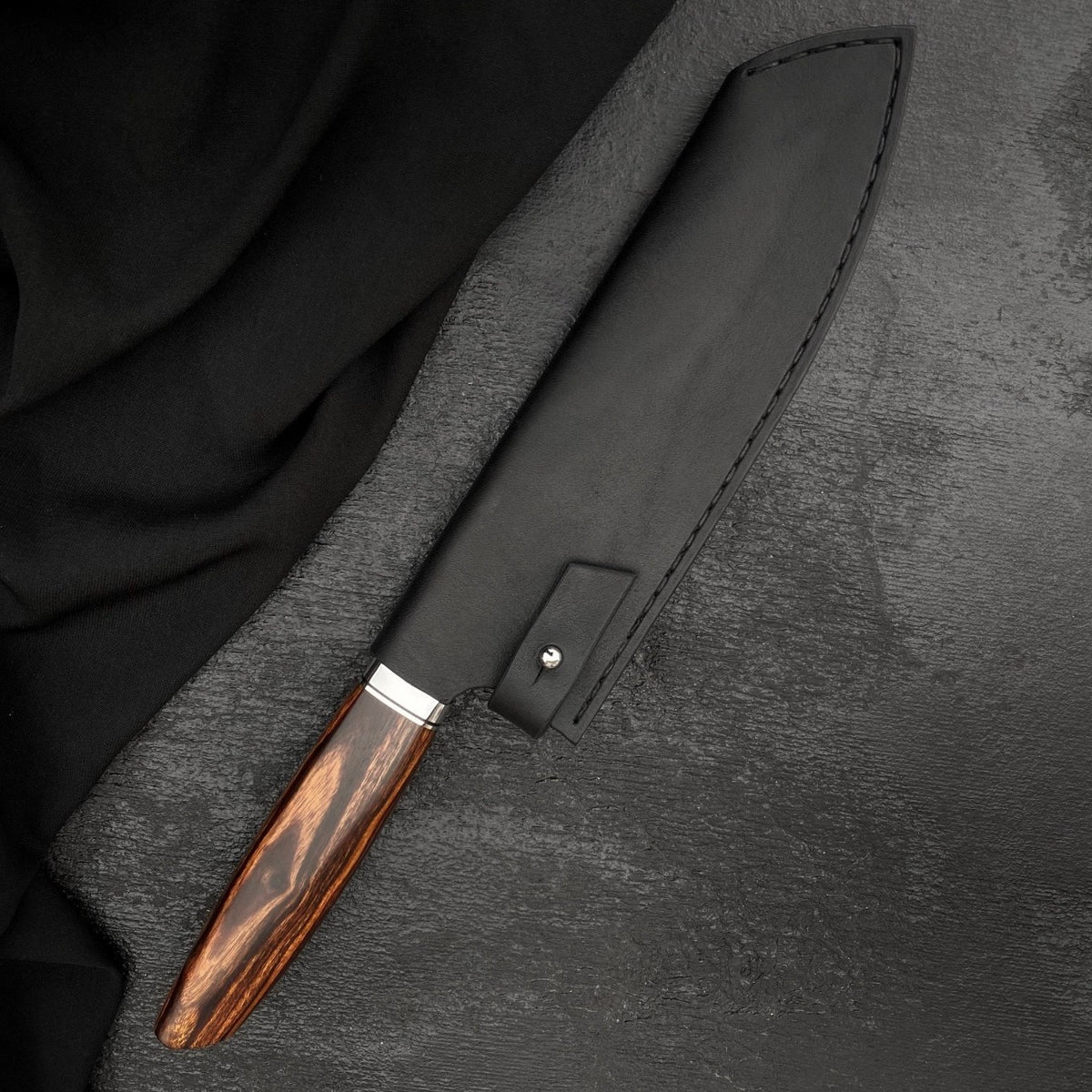 Wood knife handle with swirled grain, polished metal collar and thin black spacer