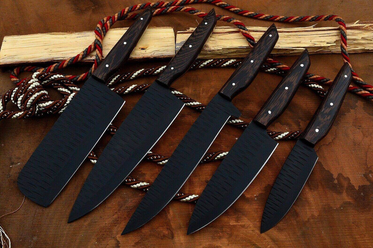 Black Coated Chef Knife Set with Wooden Handles – 5 Piece Kitchen Set - Unique Blades Runner