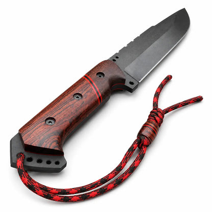 Bushcraft Survival Knife Full Tang - Red Wood Handle With Leather Sheath - Unique Blades Runner