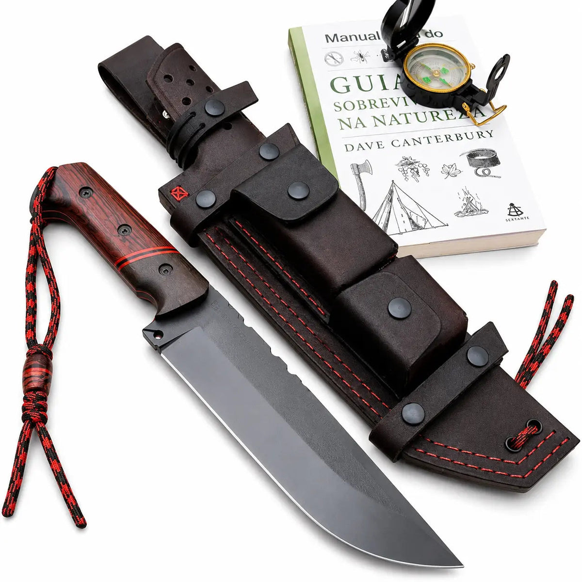 Bushcraft Survival Knife Full Tang - Red Wood Handle With Leather Sheath - Unique Blades Runner