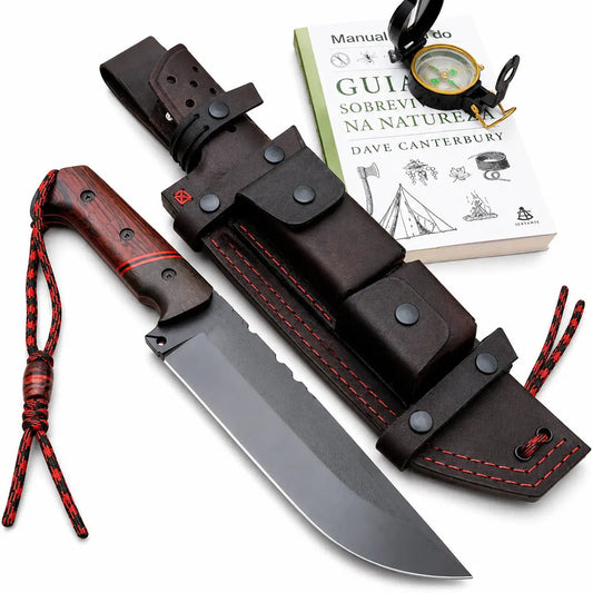 Bushcraft Survival Knife Full Tang - Red Wood Handle With Leather Sheath - Unique Blades Runner