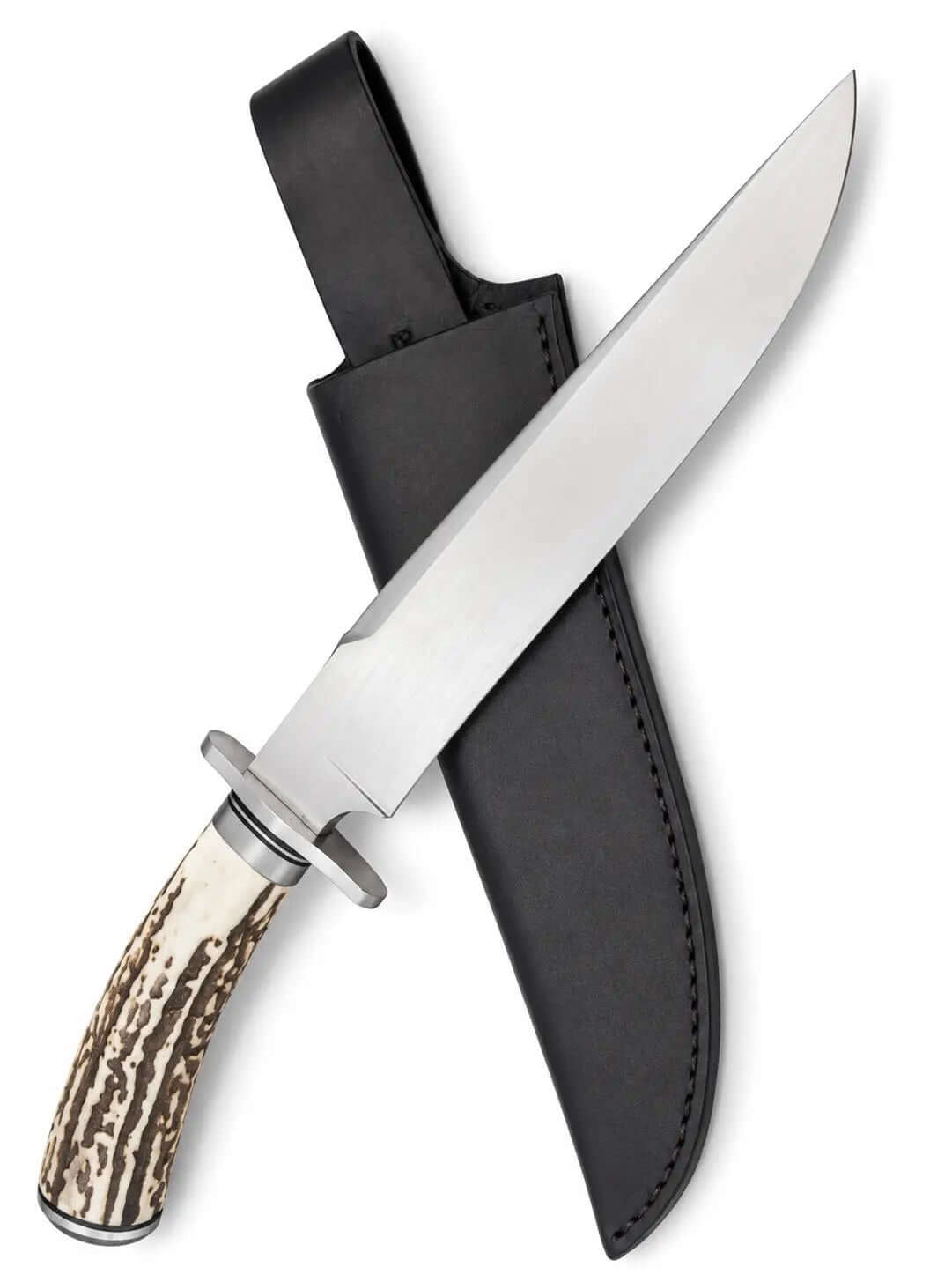 Classic Stag Handle Knife – Handmade Large Fixed Blade with Leather Sheath - Unique Blades Runner