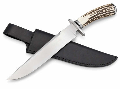 Classic Stag Handle Knife – Handmade Large Fixed Blade with Leather Sheath - Unique Blades Runner
