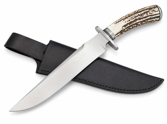 Classic Stag Handle Knife – Handmade Large Fixed Blade with Leather Sheath - Unique Blades Runner