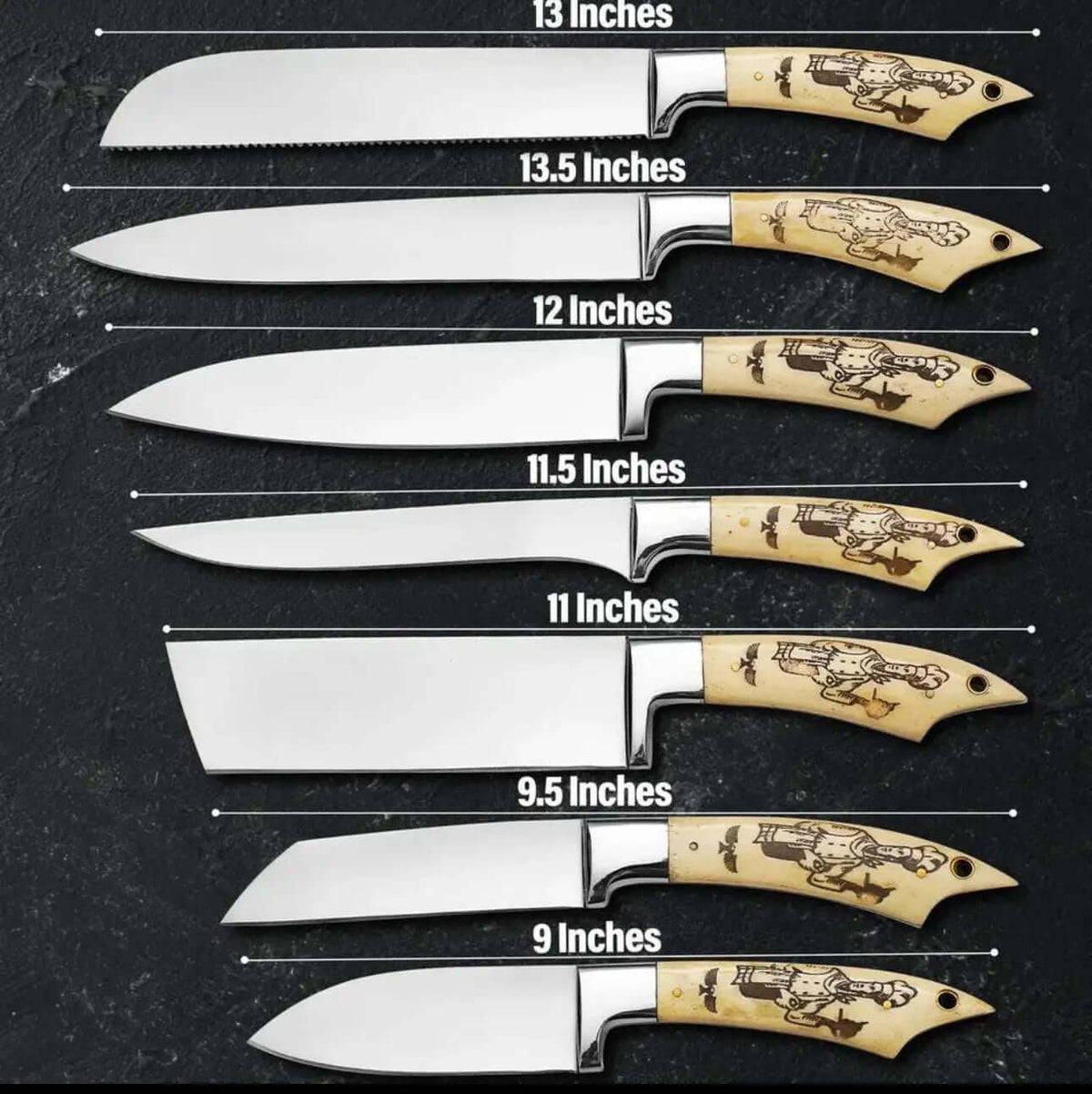 Custom Chef Knife Set with Engraved Bone Handles and Leather Roll Case - Unique Blades Runner