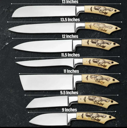 Custom Chef Knife Set with Engraved Bone Handles and Leather Roll Case - Unique Blades Runner