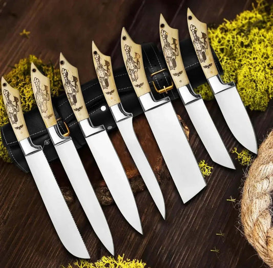 Custom Chef Knife Set with Engraved Bone Handles and Leather Roll Case - Unique Blades Runner