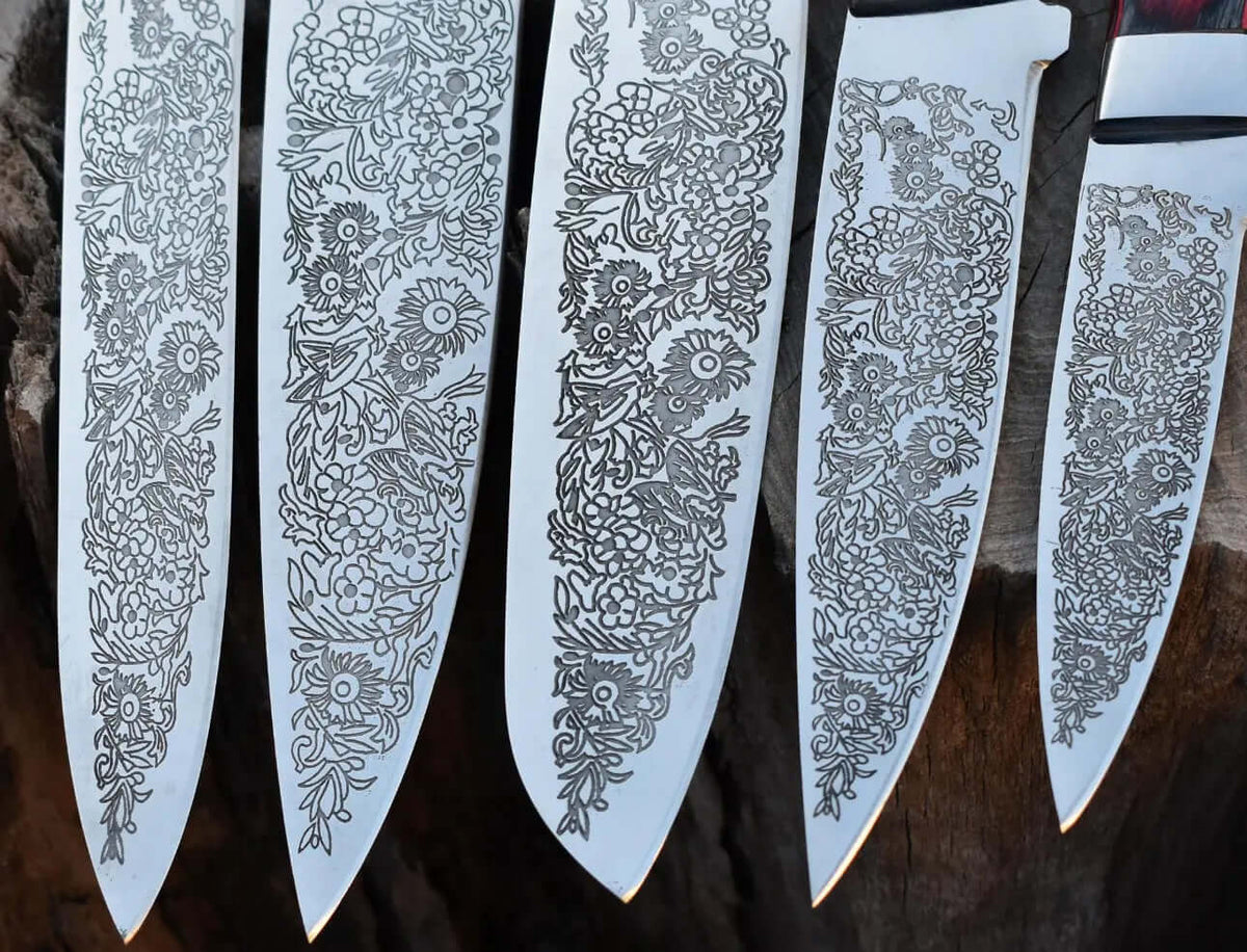 Custom Chef Knife Set with Floral Engraved Blades & Exotic Wood Handles - Unique Blades Runner