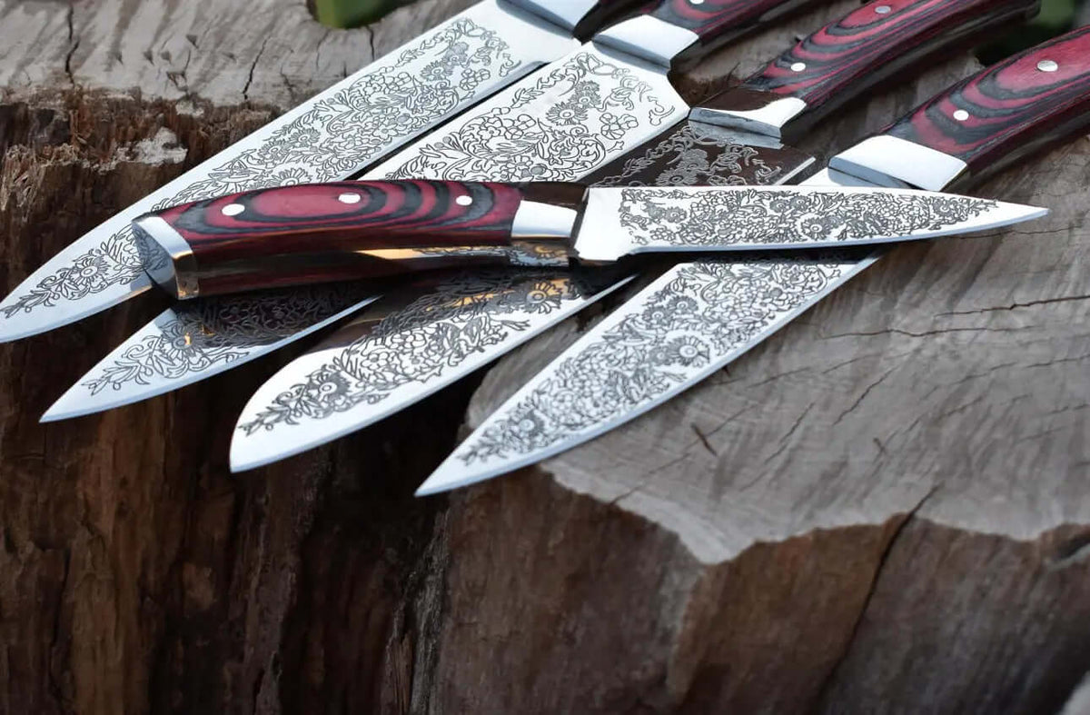 Custom Chef Knife Set with Floral Engraved Blades & Exotic Wood Handles - Unique Blades Runner