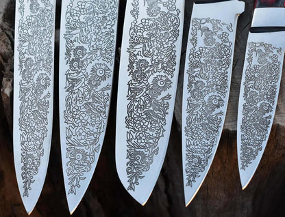 Custom Chef Knife Set with Floral Engraved Blades & Exotic Wood Handles - Unique Blades Runner
