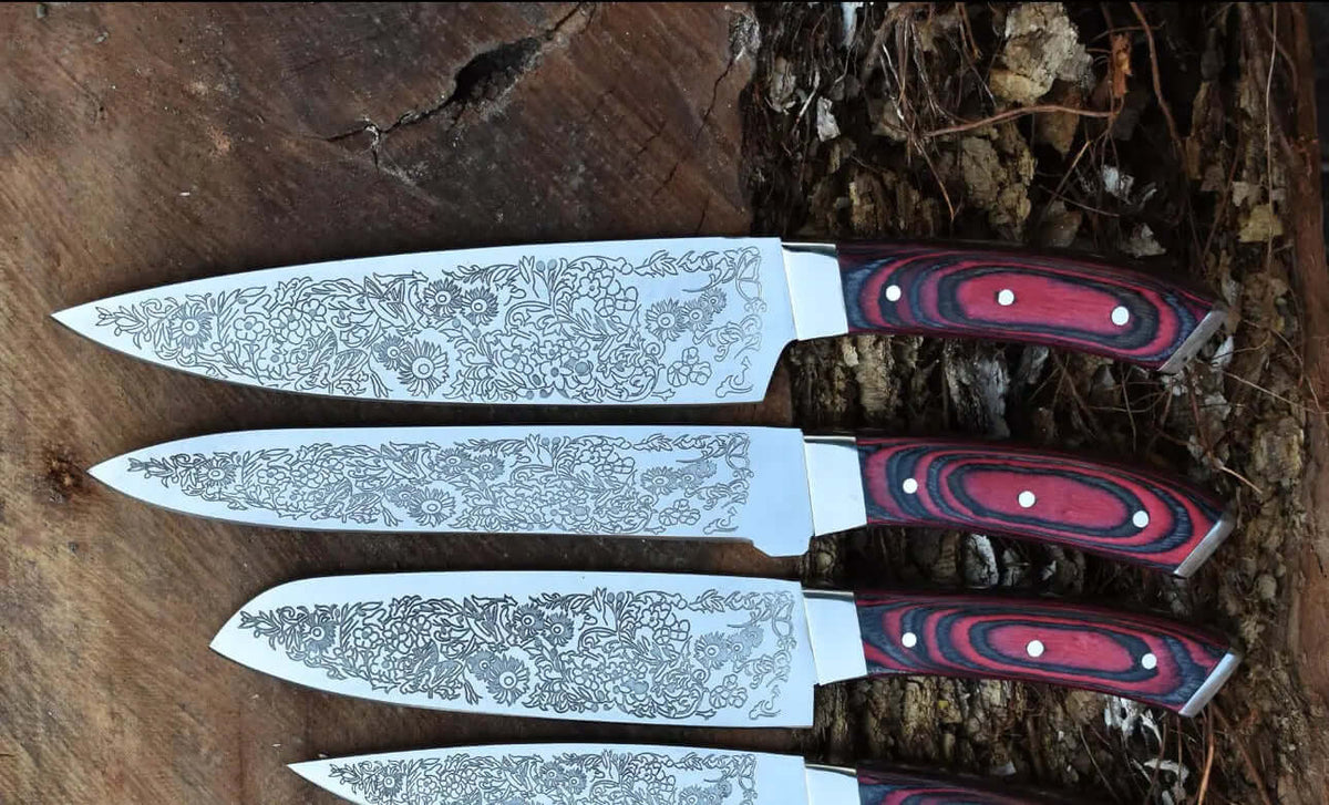 Custom Chef Knife Set with Floral Engraved Blades & Exotic Wood Handles - Unique Blades Runner