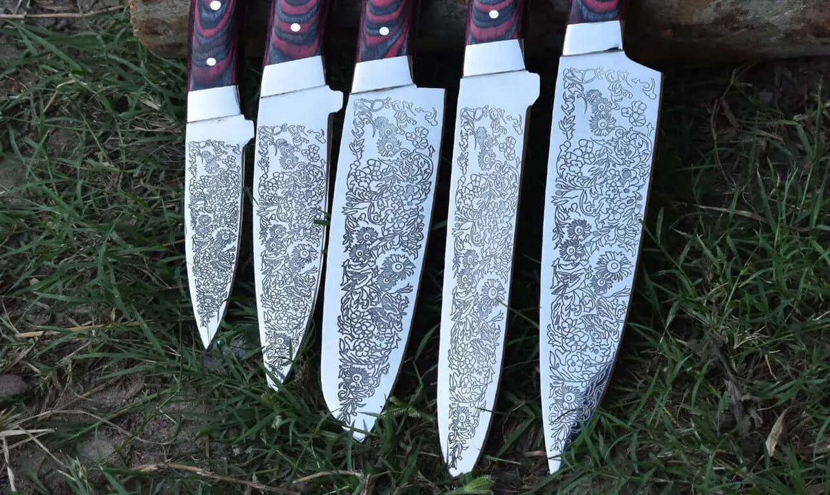 Custom Chef Knife Set with Floral Engraved Blades & Exotic Wood Handles - Unique Blades Runner